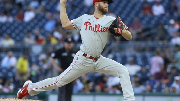 Jul 28, 2022; Pittsburgh, Pennsylvania, USA;  Philadelphia Phillies starting pitcher Zack Wheeler (45) delivers a pitch against the Pittsburgh Pirates during the first inning at PNC Park. Mandatory Credit: Charles LeClaire-USA TODAY Sports