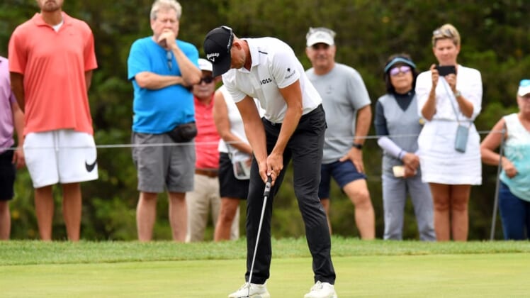 Jul 29, 2022; Bedminster, New Jersey, USA; Henrik Stenson putts on the first green during the first round of a LIV Golf tournament at Trump National Golf Club Bedminster. Mandatory Credit: Jonathan Jones-USA TODAY Sports