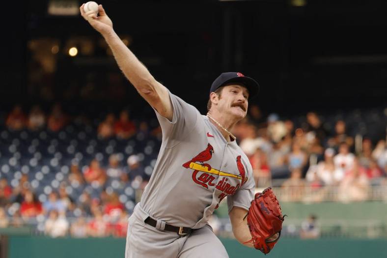 Jul 29, 2022; Washington, District of Columbia, USA; St. Louis Cardinals starting pitcher Miles Mikolas (39) pitches against the Washington Nationals during the first inning at Nationals Park. Mandatory Credit: Geoff Burke-USA TODAY Sports