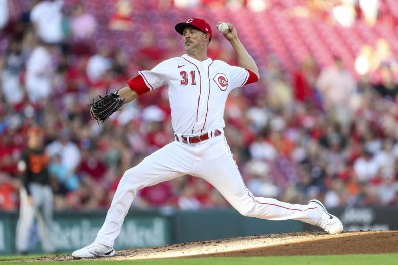 Jul 29, 2022; Cincinnati, Ohio, USA; Cincinnati Reds starting pitcher Mike Minor (31) pitches against the Baltimore Orioles in the second inning at Great American Ball Park. Mandatory Credit: Katie Stratman-USA TODAY Sports