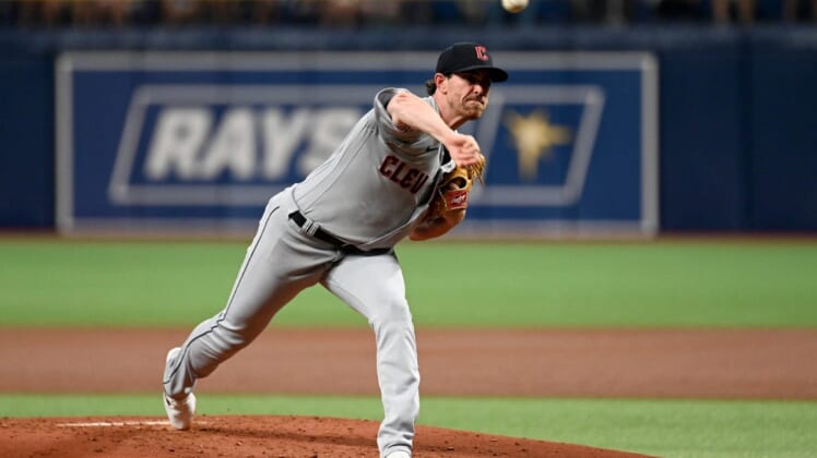 Jul 29, 2022; St. Petersburg, Florida, USA; Cleveland Guardians pitcher Shane Bieber (57) throws a pitch in the first inning against the Tampa Bay Rays at Tropicana Field. Mandatory Credit: Jonathan Dyer-USA TODAY Sports