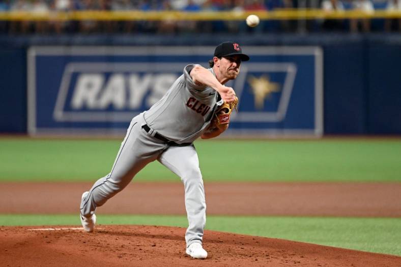 Jul 29, 2022; St. Petersburg, Florida, USA; Cleveland Guardians pitcher Shane Bieber (57) throws a pitch in the first inning against the Tampa Bay Rays at Tropicana Field. Mandatory Credit: Jonathan Dyer-USA TODAY Sports