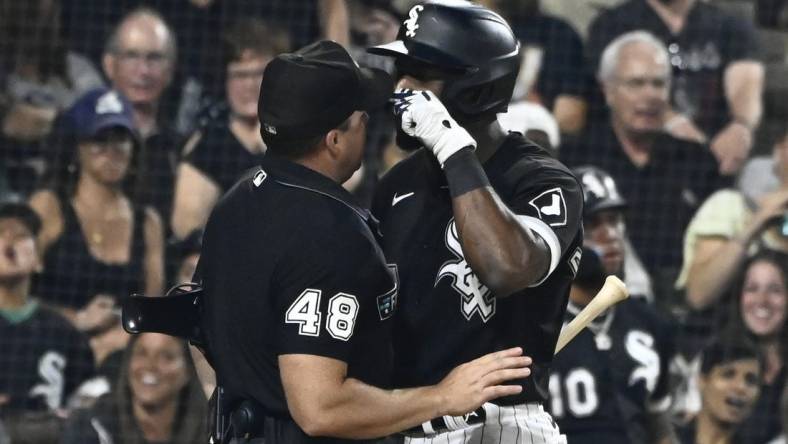 Jul 29, 2022; Chicago, Illinois, USA;  Umpire Nick Mahrley (48) and Chicago White Sox shortstop Tim Anderson (7) have an altercation during the seventh inning of the teams game against the Oakland Athletics at Guaranteed Rate Field. Mandatory Credit: Matt Marton-USA TODAY Sports