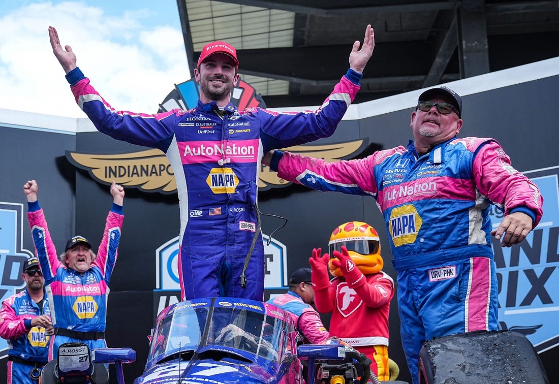 Andretti Autosport driver Alexander Rossi (27) celebrates winning the Gallagher Grand Prix on Saturday, July 30, 2022 at Indianapolis Motor Speedway in Indianapolis.

Indycar Gallagher Grand Prix And Brick Yard