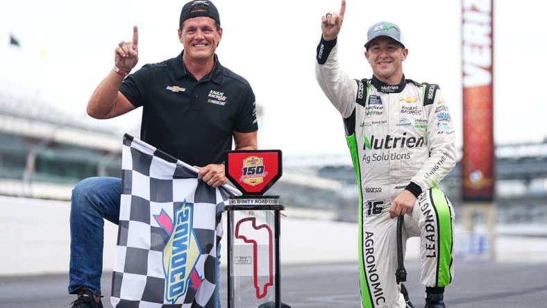 NASCAR Xfinity Series driver AJ Allmendinger (16) and Matt Kaulig, owner of Kaulig Racing, pose for a photo after winning the Pennzoil 150 at the Brickyard on Saturday, July 30, 2022 at Indianapolis Motor Speedway in Indianapolis.

Indycar Gallagher Grand Prix And Brick Yard