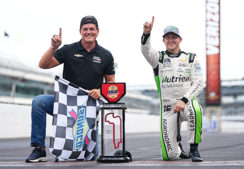 NASCAR Xfinity Series driver AJ Allmendinger (16) and Matt Kaulig, owner of Kaulig Racing, pose for a photo after winning the Pennzoil 150 at the Brickyard on Saturday, July 30, 2022 at Indianapolis Motor Speedway in Indianapolis.

Indycar Gallagher Grand Prix And Brick Yard