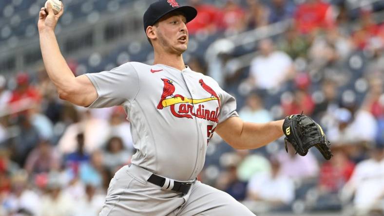 Jul 31, 2022; Washington, District of Columbia, USA; St. Louis Cardinals starting pitcher Andre Pallante (53) throws to the Washington Nationals during the first inning at Nationals Park. Mandatory Credit: Brad Mills-USA TODAY Sports