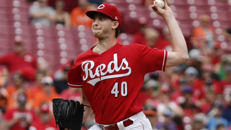 Jul 31, 2022; Cincinnati, Ohio, USA; Cincinnati Reds starting pitcher Nick Lodolo (40) throws a pitch against the Baltimore Orioles during the first inning at Great American Ball Park. Mandatory Credit: David Kohl-USA TODAY Sports