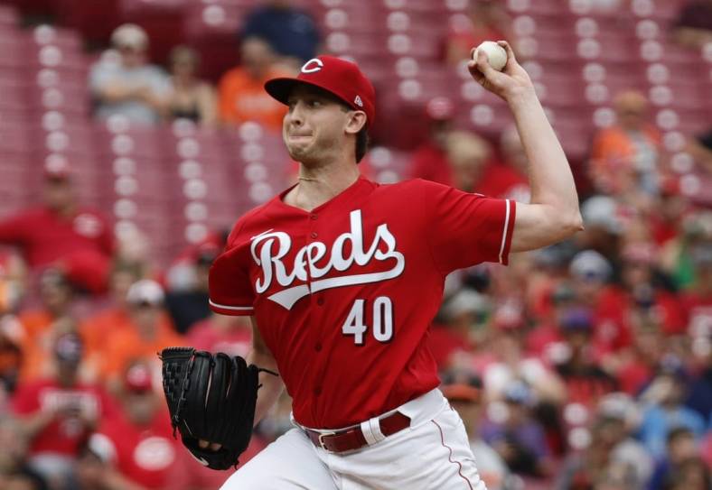 Jul 31, 2022; Cincinnati, Ohio, USA; Cincinnati Reds starting pitcher Nick Lodolo (40) throws a pitch against the Baltimore Orioles during the first inning at Great American Ball Park. Mandatory Credit: David Kohl-USA TODAY Sports
