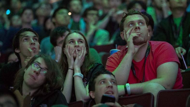 Aug 25, 2018; Vancouver, British Columbia, CAN; Fans watch as Team OG plays Team LGD in the Grand Final of the International Dota 2 Championships at Rogers Arena in Vancouver. The championships are eSports largest annual tournament with approximately $25 million U.S. in prize money to be awarded. Dota 2 is a free 10-player online video game with two teams of players from all over the world competing against one another in each game. Mandatory Credit: Bob Frid-USA TODAY Sports