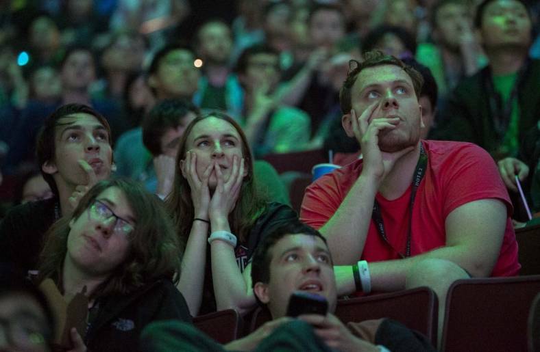 Aug 25, 2018; Vancouver, British Columbia, CAN; Fans watch as Team OG plays Team LGD in the Grand Final of the International Dota 2 Championships at Rogers Arena in Vancouver. The championships are eSports largest annual tournament with approximately $25 million U.S. in prize money to be awarded. Dota 2 is a free 10-player online video game with two teams of players from all over the world competing against one another in each game. Mandatory Credit: Bob Frid-USA TODAY Sports