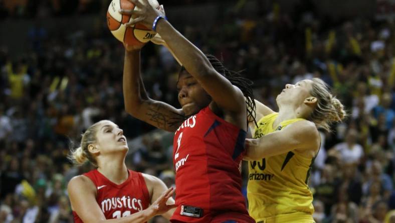 Sep 9, 2018; Seattle, WA, USA; Washington Mystics forward Myisha Hines-Allen (2) pulls down a rebound. Mandatory Credit: Jennifer Buchanan-USA TODAY Sports