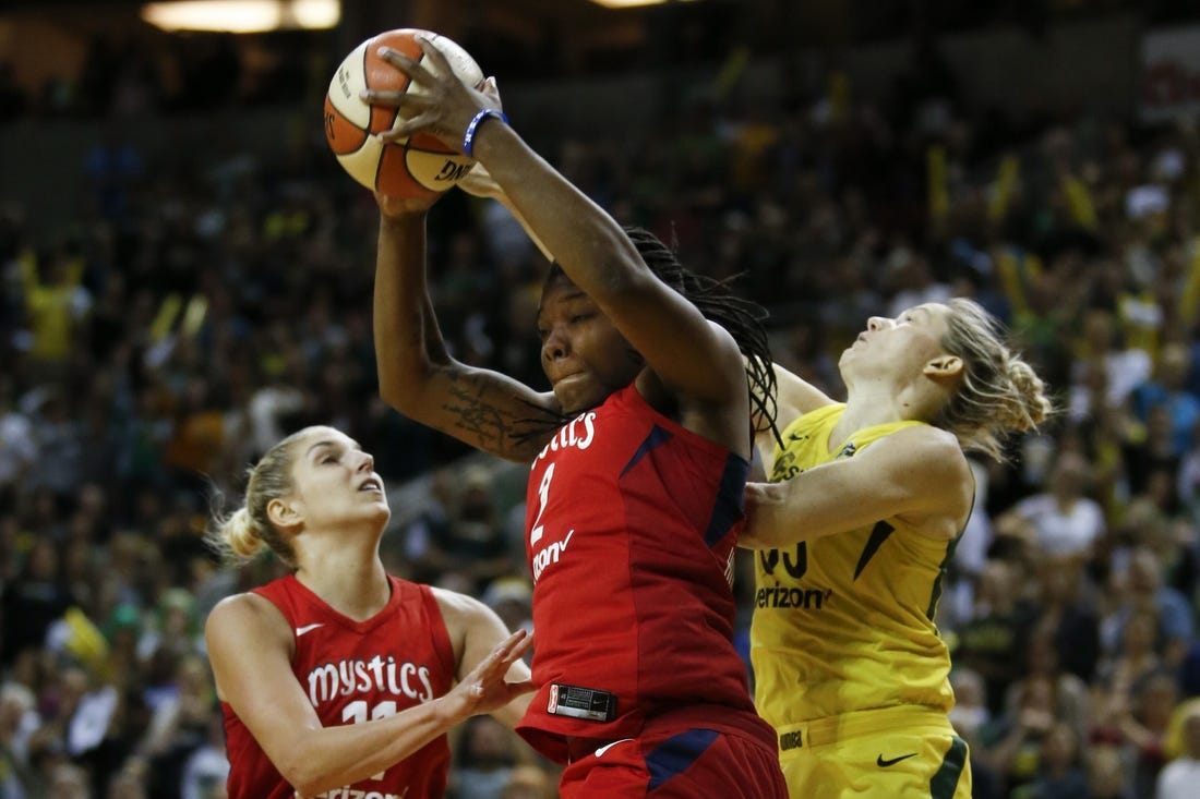 Sep 9, 2018; Seattle, WA, USA; Washington Mystics forward Myisha Hines-Allen (2) pulls down a rebound. Mandatory Credit: Jennifer Buchanan-USA TODAY Sports