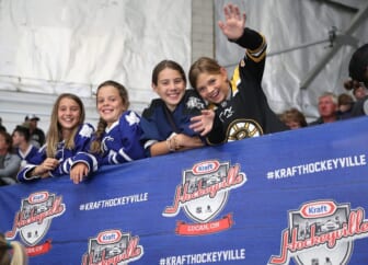 Sep 18, 2018; Lucan, Ontario, CAN; Young fans during the Kraft Hockeyville game at Lucan Community Memorial Centre between the Toronto Maple Leafs and the Ottawa Senators.  The Maple Leafs beat the Senators 4-1. Mandatory Credit: Tom Szczerbowski-USA TODAY Sports