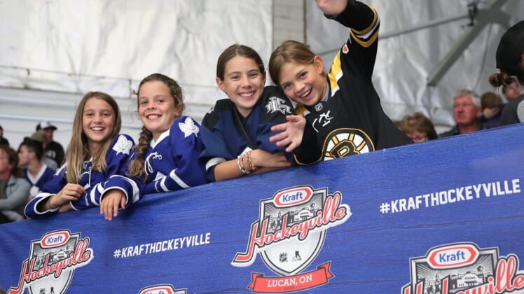 Sep 18, 2018; Lucan, Ontario, CAN; Young fans during the Kraft Hockeyville game at Lucan Community Memorial Centre between the Toronto Maple Leafs and the Ottawa Senators.  The Maple Leafs beat the Senators 4-1. Mandatory Credit: Tom Szczerbowski-USA TODAY Sports