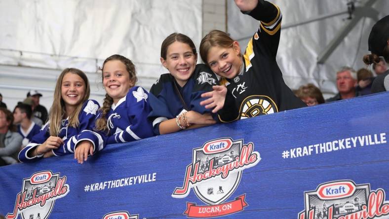 Sep 18, 2018; Lucan, Ontario, CAN; Young fans during the Kraft Hockeyville game at Lucan Community Memorial Centre between the Toronto Maple Leafs and the Ottawa Senators.  The Maple Leafs beat the Senators 4-1. Mandatory Credit: Tom Szczerbowski-USA TODAY Sports