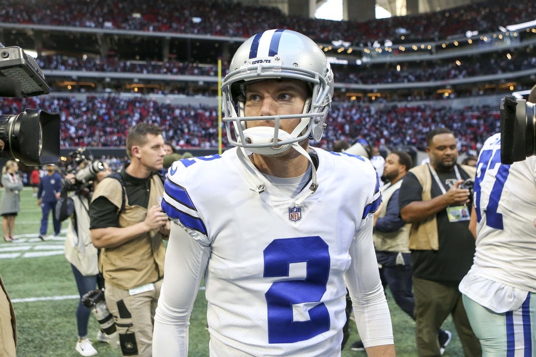 Nov 18, 2018; Atlanta, GA, USA; Dallas Cowboys kicker Brett Maher (2) celebrates after a game-winning field goal against the Atlanta Falcons in the fourth quarter at Mercedes-Benz Stadium. Mandatory Credit: Brett Davis-USA TODAY Sports