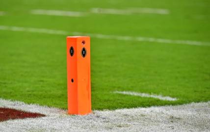 Dec 29, 2018; Miami Gardens, FL, USA; a general view of an end zone pylon on the field in the 2018 Orange Bowl college football playoff semifinal game between the Alabama Crimson Tide and the Oklahoma Sooners at Hard Rock Stadium. Mandatory Credit: Jasen Vinlove-USA TODAY Sports