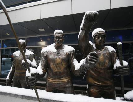 Mar 2, 2019; Toronto, Ontario, CAN; Statues of former Toronto Maple Leafs Tim Horton (center) and Borje Salming outside the front of Scotiabank Arena before a game against the Buffalo Sabres. Mandatory Credit: John E. Sokolowski-USA TODAY Sports