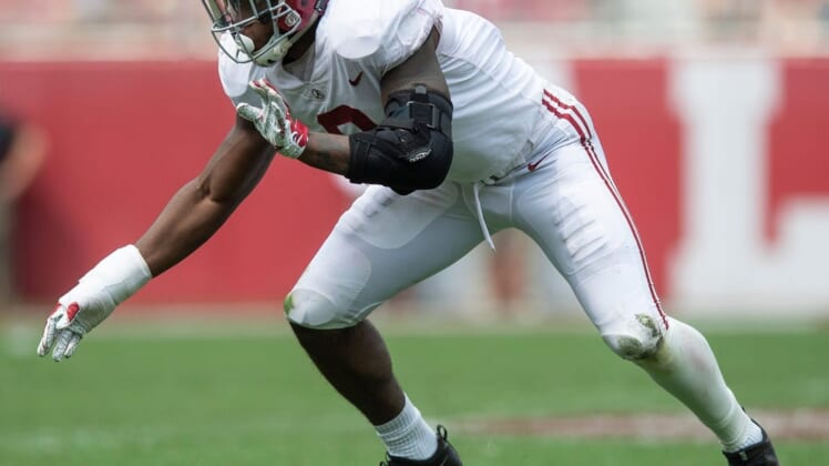 Alabama linebacker Eyabi Anoma (9) during second half action in the Alabama A-Day spring football scrimmage game at Bryant Denny Stadium in Tuscaloosa, Ala., on Saturday April 13, 2019.Anoma01