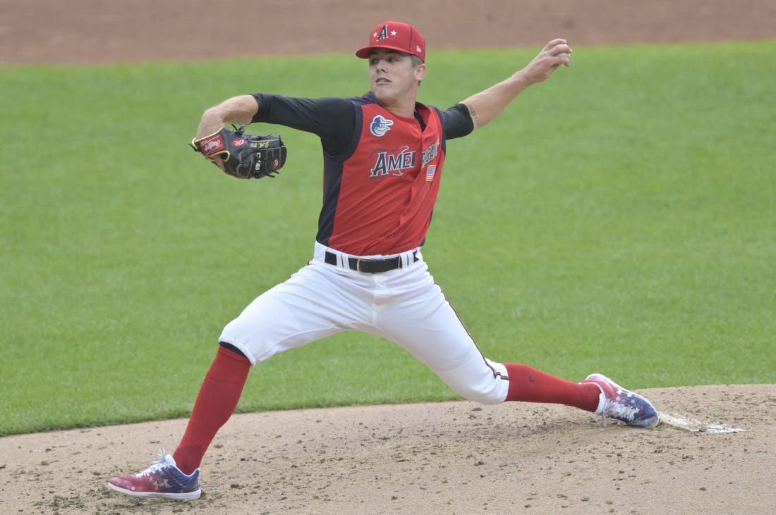 Jul 7, 2019; Cleveland, OH, USA; American League pitcher DL Hall (21) delivers in the third inning against the National League in the 2019 MLB All Star Futures Game at Progressive Field. Mandatory Credit: David Richard-USA TODAY Sports