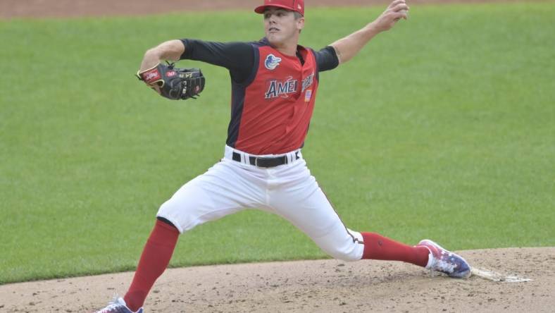 Jul 7, 2019; Cleveland, OH, USA; American League pitcher DL Hall (21) delivers in the third inning against the National League in the 2019 MLB All Star Futures Game at Progressive Field. Mandatory Credit: David Richard-USA TODAY Sports