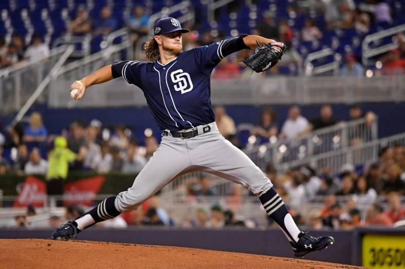 Jul 17, 2019; Miami, FL, USA; San Diego Padres starting pitcher Chris Paddack (59) delivers a pitch in the second inning against the Miami Marlins at Marlins Park. Mandatory Credit: Jasen Vinlove-USA TODAY Sports