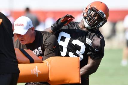 Jul 26, 2019; Berea, OH, USA; Cleveland Browns defensive tackle Trevon Coley (93) runs a drill during training camp at the Cleveland Browns Training Complex. Mandatory Credit: Ken Blaze-USA TODAY Sports
