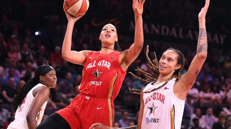 Jul 27, 2019; Las Vegas, NV, USA; Team Wilson forward Liz Cambage (8) shoots inside the defense of Team Delle Donne forward Brittney Griner (42) during the first half of the WNBA All Star Game at Mandalay Bay Events Center. Mandatory Credit: Stephen R. Sylvanie-USA TODAY Sports