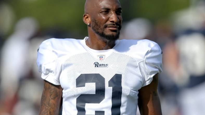 Jul 30, 2019; Irvine, CA, USA; Los Angeles Rams cornerback Aqib Talib (21) during training camp at UC Irvine. Mandatory Credit: Kirby Lee-USA TODAY Sports