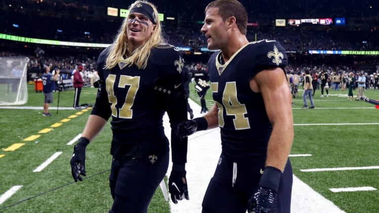 Sep 9, 2019; New Orleans, LA, USA; New Orleans Saints middle linebackers Alex Anzalone (47) and Kiko Alonso (54) walk off the field after their game against the Houston Texans at the Mercedes-Benz Superdome. Mandatory Credit: Chuck Cook-USA TODAY Sports