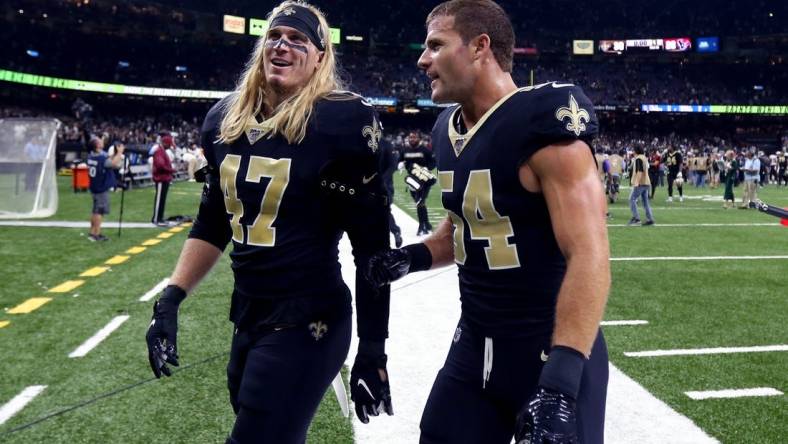 Sep 9, 2019; New Orleans, LA, USA; New Orleans Saints middle linebackers Alex Anzalone (47) and Kiko Alonso (54) walk off the field after their game against the Houston Texans at the Mercedes-Benz Superdome. Mandatory Credit: Chuck Cook-USA TODAY Sports