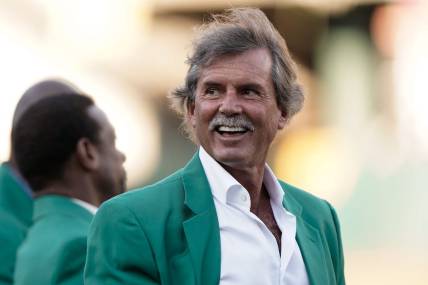 Sep 21, 2019; Oakland, CA, USA; Retired Oakland Athletics pitcher Dennis Eckersley smiles at the crowd before the game against the Texas Rangers at the Oakland Coliseum. Mandatory Credit: Stan Szeto-USA TODAY Sports