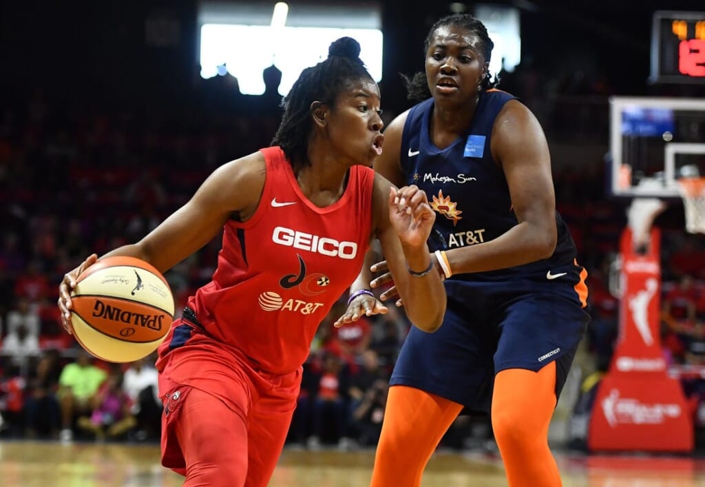 Sep 29, 2019; Washington, DC, USA; Washington Mystics guard Ariel Atkins (7) dribbles the ball against Connecticut Sun forward Shekinna Stricklen (40) during the first quarter in game one of the 2019 WNBA Finals at The Entertainment and Sports Arena. Mandatory Credit: Brad Mills-USA TODAY Sports