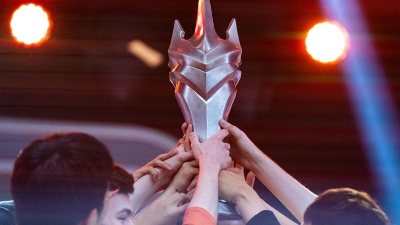 Sep 29, 2019; Philadelphia, PA, USA; The San Francisco Shock celebrate their victory in the 2019 Overwatch League Grand Finals e-sports championship against the Vancouver Titans at Wells Fargo Center. Mandatory Credit: Bill Streicher-USA TODAY Sports