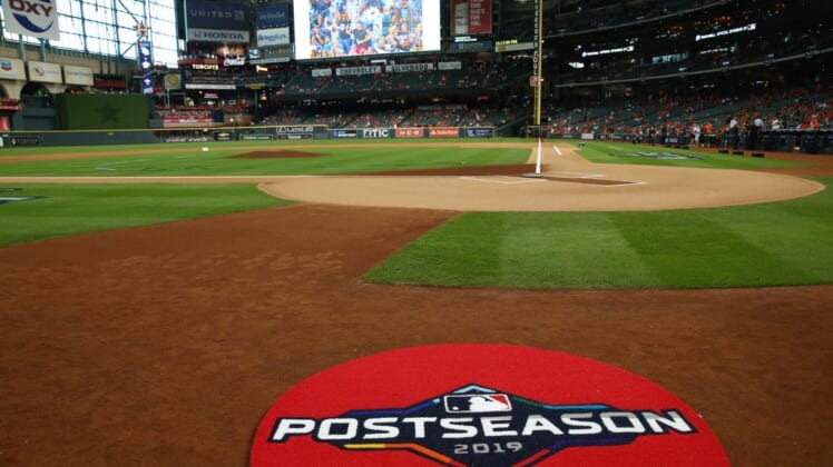 Oct 4, 2019; Houston, TX, USA; The 2019 MLB post season logo is seen on a on deck circle before game one of the 2019 ALDS playoff baseball series between the Houston Astros and the Tampa Bay Rays at Minute Maid Park. Mandatory Credit: Troy Taormina-USA TODAY Sports