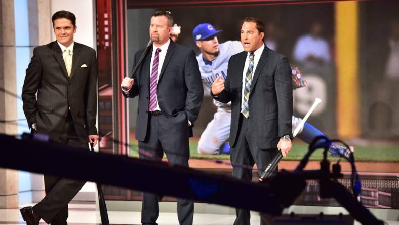 Mark DeRosa, right, a former major league player from Bergen County, now part of the Network's post-season broadcast team, tapes the MLB Tonight show, with broadcasters Greg Amsinger (L), and Sean Casey (center) in 10/12/16

Derosa Mg 11