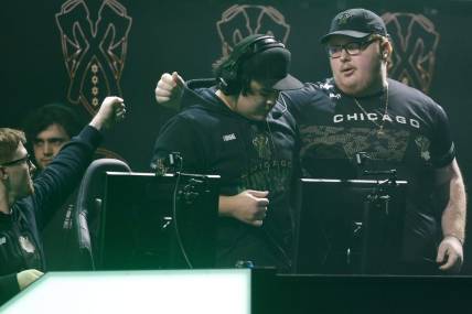 Jan 26, 2020; Minneapolis, Minnesota, USA; Seth Scump Abner and Matthew Formal Piper and Alec Arcitys Sanderson of the Chicago Huntsmen celebrate their victory over Los Angeles OpTic Gaming during the Call of Duty League Launch Weekend at The Armory. Mandatory Credit: Bruce Kluckhohn-USA TODAY Sports