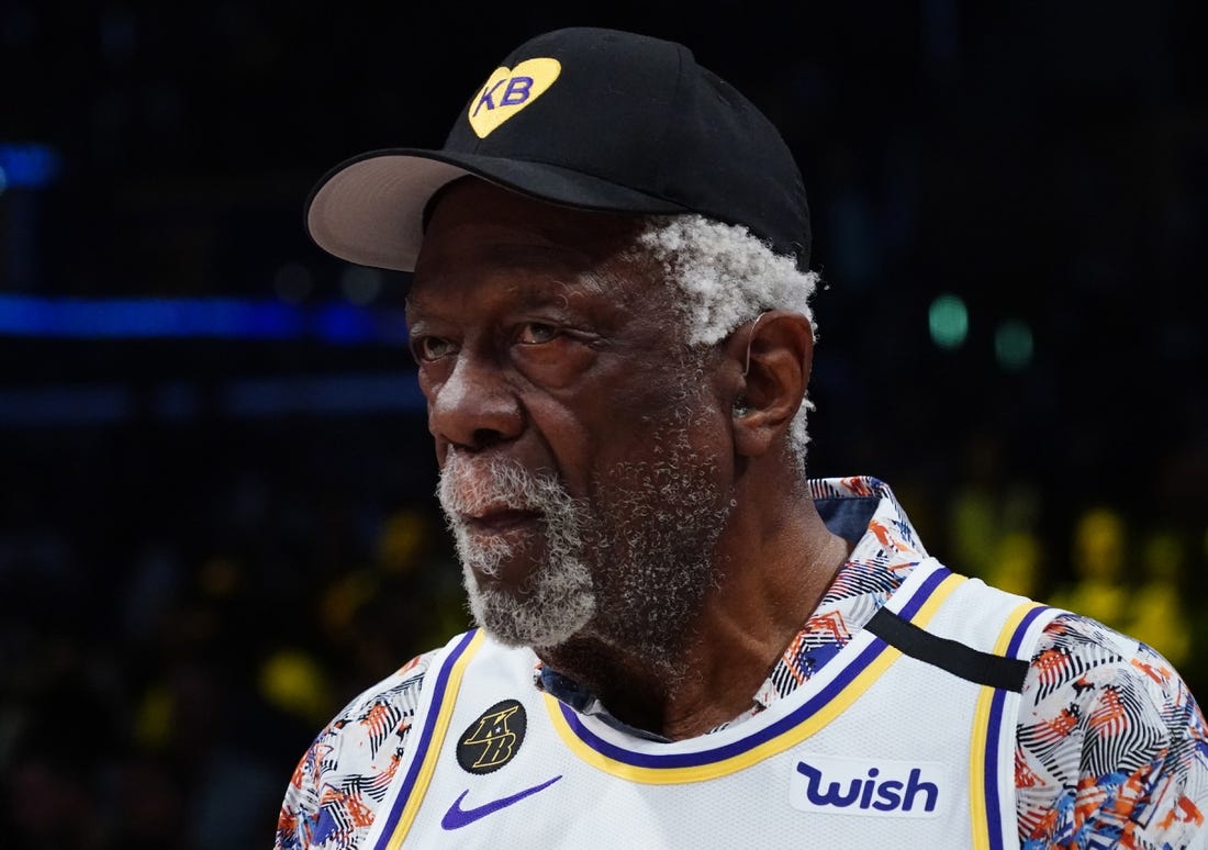 Feb 23, 2020; Los Angeles, California, USA; Bill Russell wears a Los Angeles Lakers jersey of Kobe Bryant (24) during the game against the Boston Celtics at Staples Center. Mandatory Credit: Kirby Lee-USA TODAY Sports