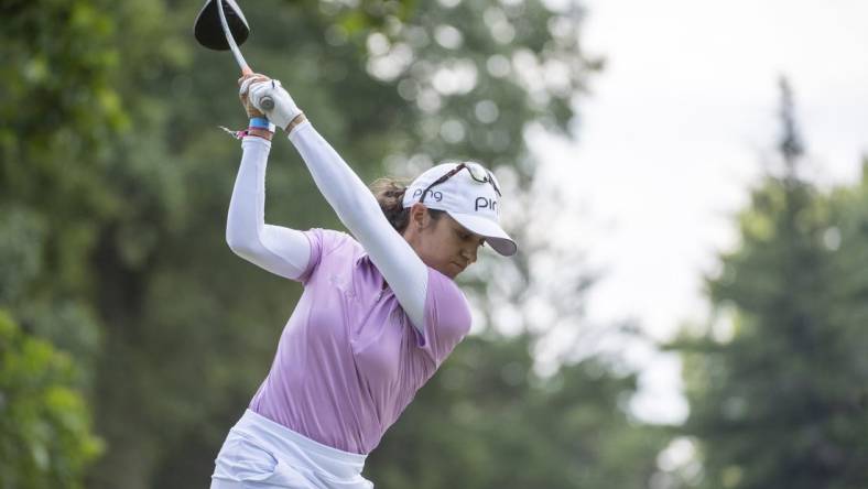 Aug 9, 2020; Sylvania, OH, USA; Paula Reto from South Africa tees off on the 3rd hole during the final round of the Marathon LPGA Classic golf tournament at Highlands Meadows Golf Club. Mandatory Credit: Marc Lebryk-USA TODAY Sports