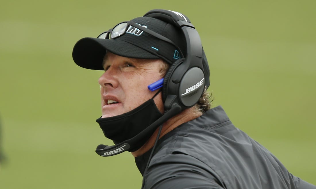Sep 13, 2020; Jacksonville, Florida, USA;  Jacksonville Jaguars offensive coordinator Jay Gruden watches a replay during the second half against the Indianapolis Colts at TIAA Bank Field. Mandatory Credit: Reinhold Matay-USA TODAY Sports