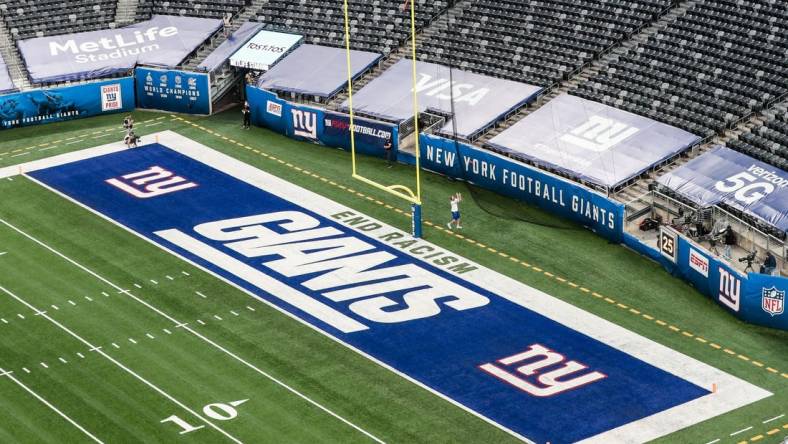 Sep 14, 2020; East Rutherford, New Jersey, USA; A general view of the end zone before their game between the New York Giants and the Pittsburgh Steelers at MetLife Stadium. Mandatory Credit: Vincent Carchietta-USA TODAY Sports