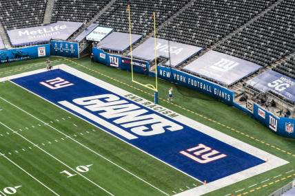 Sep 14, 2020; East Rutherford, New Jersey, USA; A general view of the end zone before their game between the New York Giants and the Pittsburgh Steelers at MetLife Stadium. Mandatory Credit: Vincent Carchietta-USA TODAY Sports