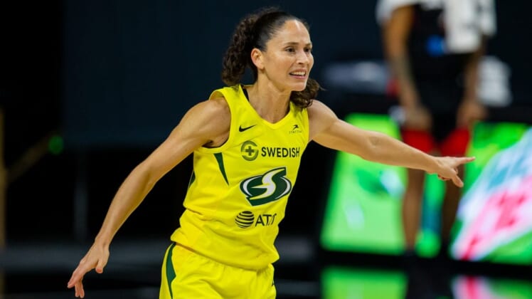 Oct 2, 2020; Bradenton, Florida, USA; Seattle Storm guard Sue Bird (10) directs the defense during game 1 of the WNBA finals against the Las Vegas Aces at IMG Academy. Mandatory Credit: Mary Holt-USA TODAY Sports