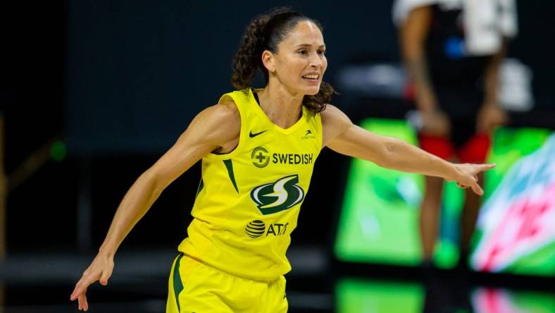 Oct 2, 2020; Bradenton, Florida, USA; Seattle Storm guard Sue Bird (10) directs the defense during game 1 of the WNBA finals against the Las Vegas Aces at IMG Academy. Mandatory Credit: Mary Holt-USA TODAY Sports