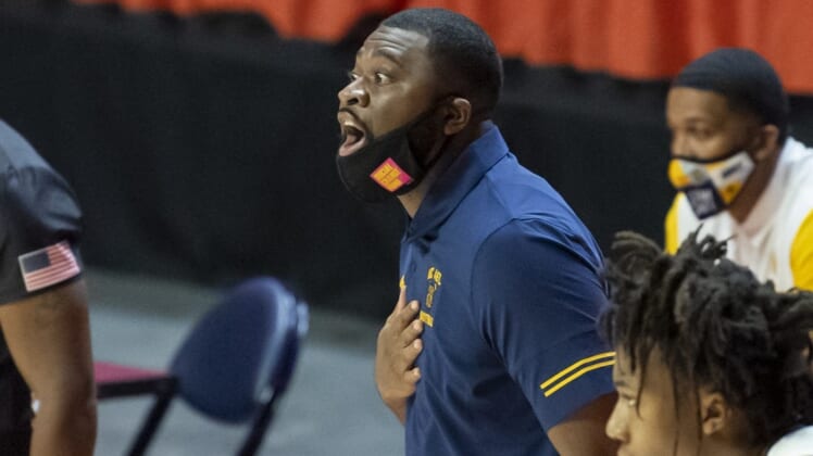 Nov 25, 2020; Champaign, Illinois, USA; North Carolina A&T Aggies head coach Will Jones directs his team during the first half against the Illinois Fighting Illini at the State Farm Center. Mandatory Credit: Patrick Gorski-USA TODAY Sports