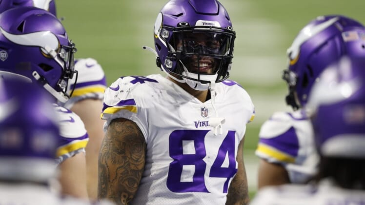 Jan 3, 2021; Detroit, Michigan, USA; Minnesota Vikings tight end Irv Smith (84) before the game against the Detroit Lions at Ford Field. Mandatory Credit: Raj Mehta-USA TODAY Sports