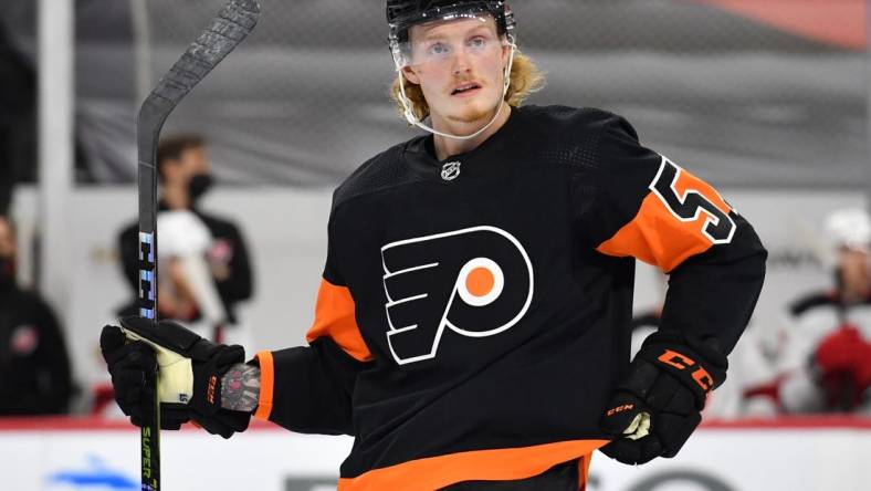 Apr 25, 2021; Philadelphia, Pennsylvania, USA; Philadelphia Flyers right wing Wade Allison (57) against the New Jersey Devils at Wells Fargo Center. Mandatory Credit: Eric Hartline-USA TODAY Sports