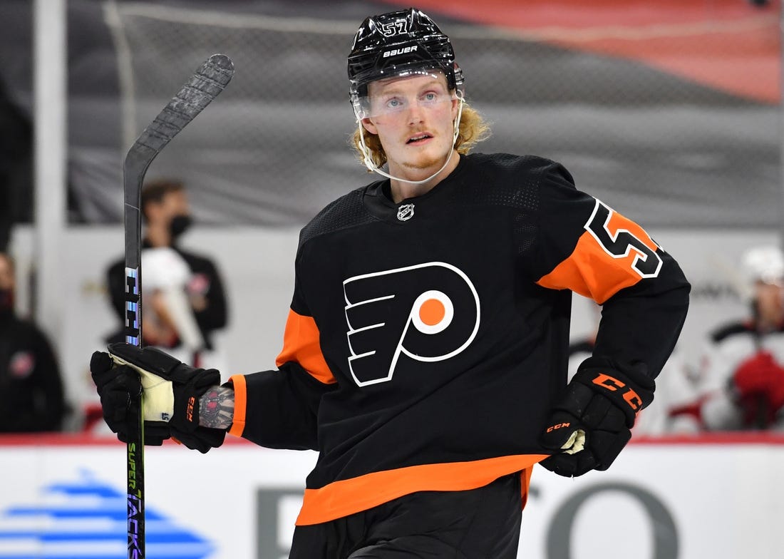 Apr 25, 2021; Philadelphia, Pennsylvania, USA; Philadelphia Flyers right wing Wade Allison (57) against the New Jersey Devils at Wells Fargo Center. Mandatory Credit: Eric Hartline-USA TODAY Sports