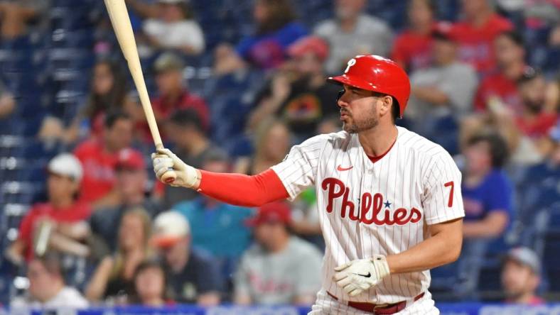 May 22, 2021; Philadelphia, Pennsylvania, USA; Philadelphia Phillies right fielder Matt Joyce (7) at bat against the Boston Red Sox at Citizens Bank Park. Mandatory Credit: Eric Hartline-USA TODAY Sports